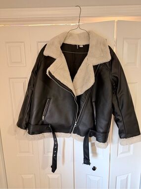 H&M Black Faux Leather Biker Jacket with Cream Shearling